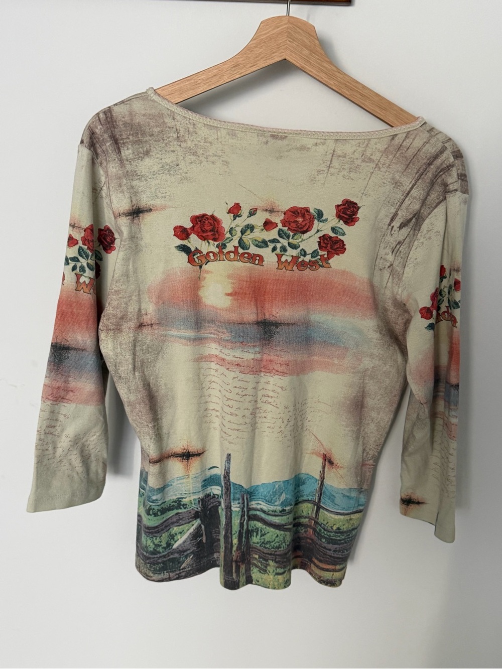 Y2k Katina Marie Floral Horse V-Neck Long Sleeve Top - Cream - Picture 4 of 4